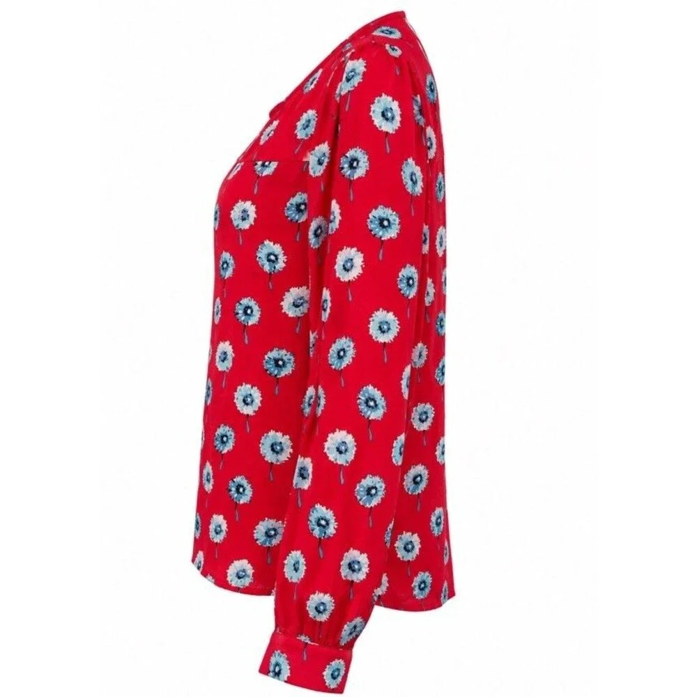 J.Crew Women’s Small Red Floral Blouse Blue Dandelion Print Puff Sleeve Top